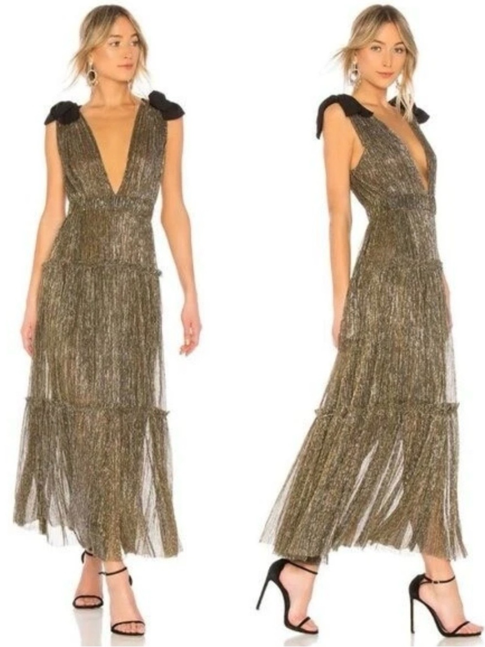 Sabina Musayev Gold Black Metallic Tie Shoulder Maxi Dress V-Neck S